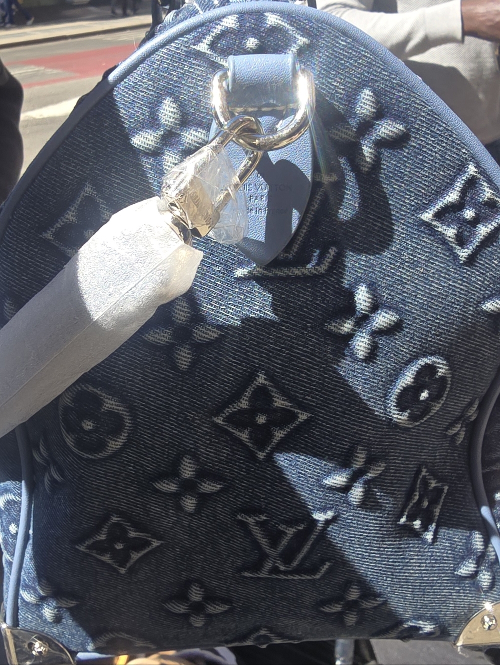 Cotton Denim Deluxe Monogram 30 Pillow Large Tote with Light Blue Leather Trim - Picture 4 of 16